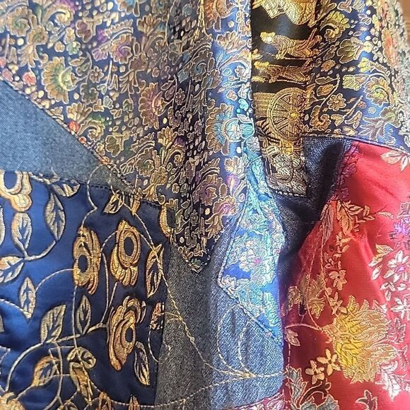 Chico's-Denim patched jacket with red & royal colors, buttoned down front S=6 . - Picture 9 of 10